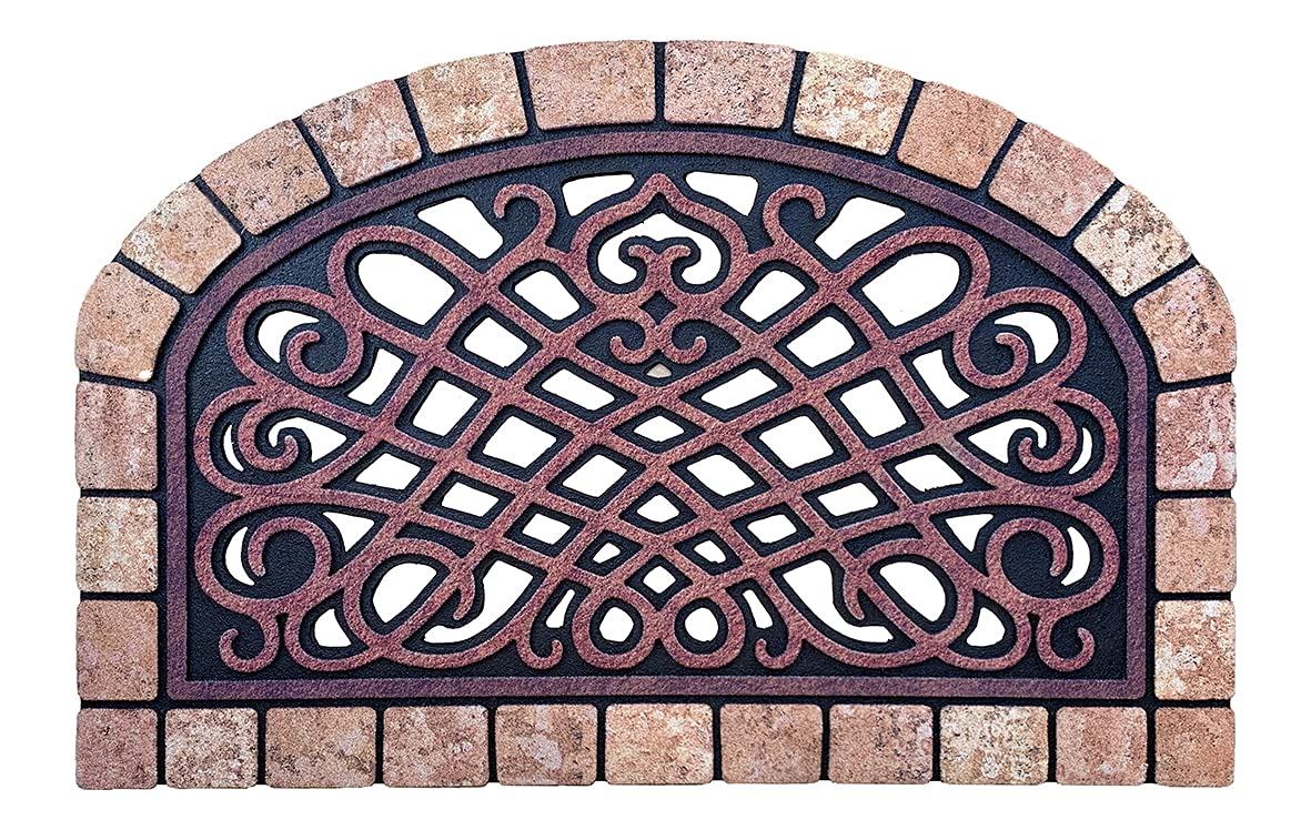 SUN LUCK 玄関マット 屋外 半円 60×90 室外 高級おしゃれマット 泥落としマット 大判 強風対応 かわいいマット イギリス庭園風マット (ブランピンク系)