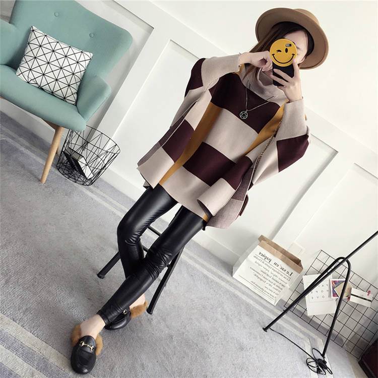 ポンチョ セーター トップス レディース 秋 冬 暖かい 大判 ハイネック タートルネック 大きめ かわいい カジュアル マント ボリューム袖 サイドスリット チェック チュニ 大人可愛い 韓国 オル