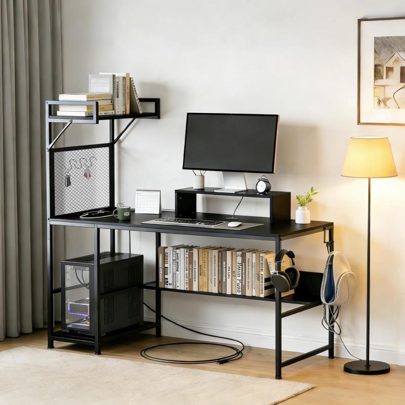 DEWEL パソコンデスク ラック付きデスク ゲーミング 棚は左右付け替え可 幅140cm 奥行60cm 机 棚付き PC 勉強机 収納 ラック付き 傷汚れに強い天板 ワークデスク 省スペース 収納