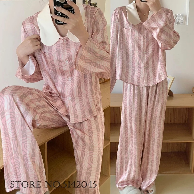 女性用パジャマセット,長袖パンツスーツ,愛らしい人形の襟,ピンクのストライプ,パジャマ,カジュアル,サテン,家庭用,春,夏,2個