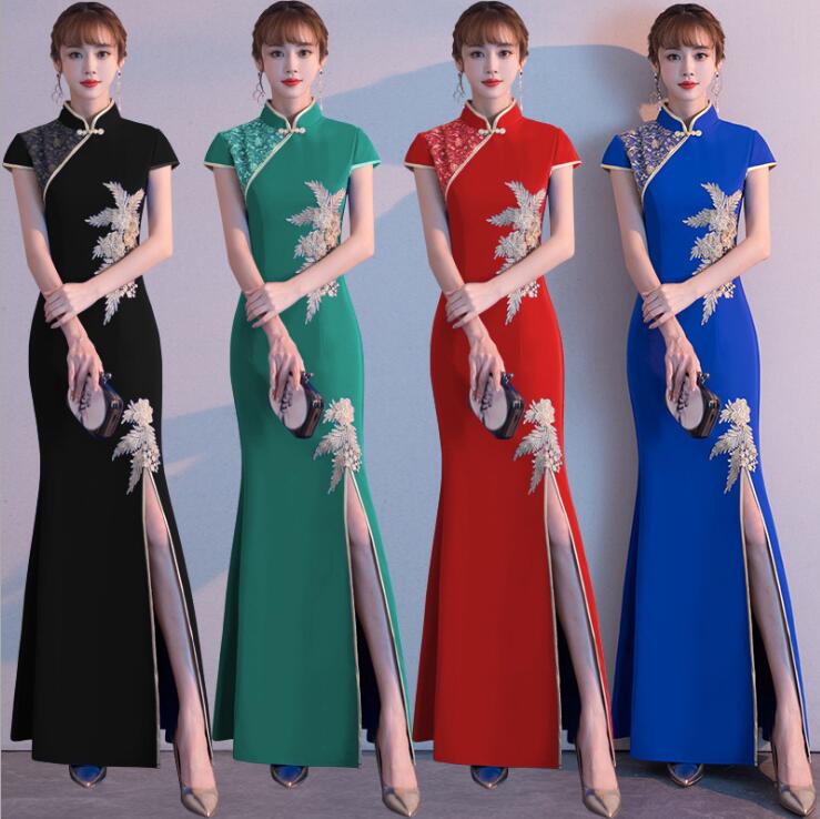 チャイナドレス ロング丈ドレス スリムラインドレス 中華服 マーメイドドレス 人魚裾 スリット 古典ダンス衣装 合唱衣装 音楽会 イベント 文化祭 撮影衣装 大きいサイズチャイナドレス 6色 XS-3
