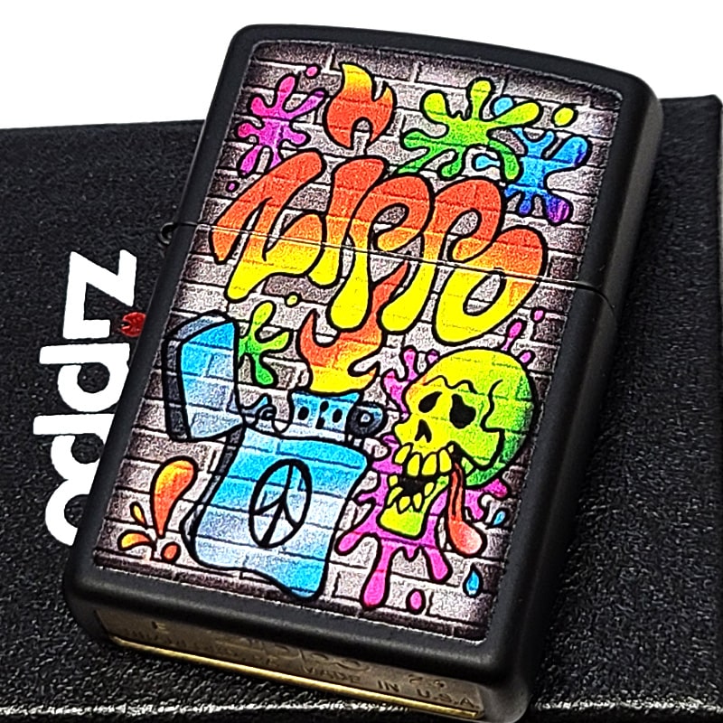 ZIPPO ストリート アート おしゃれ ドクロ マットブラック ジッポ ライター 艶消し Street Art かっこいい 黒 グラフィティ メンズ Xmas プレゼント