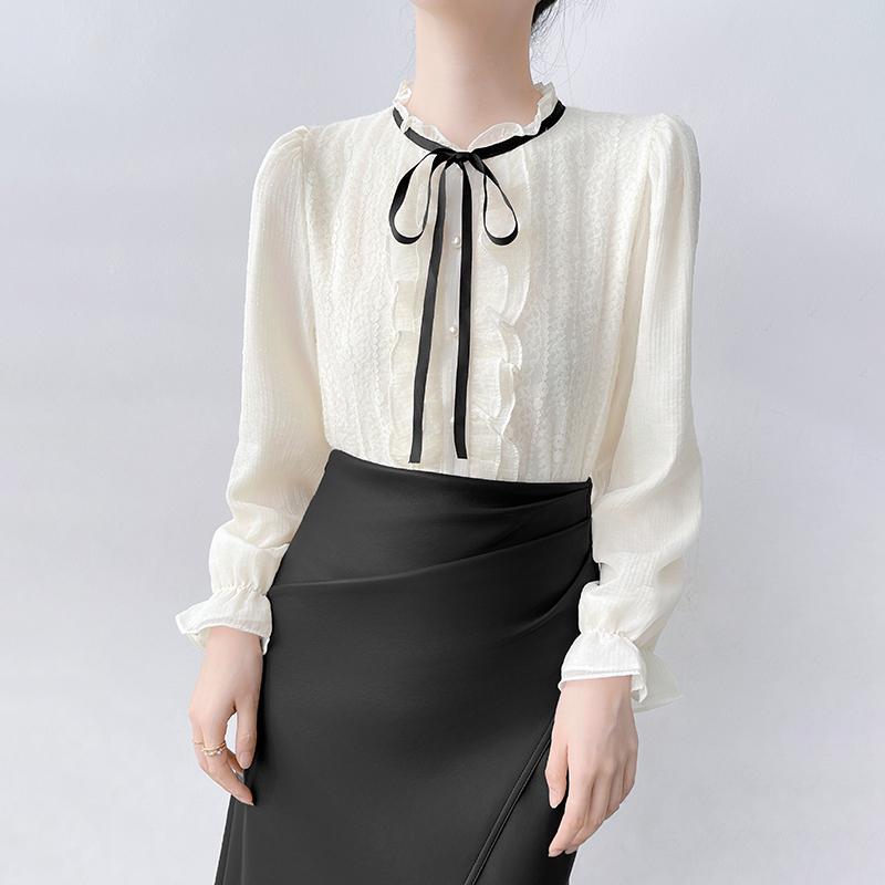 ブラウス スタンドカラー 通勤 シャツ レディース 秋冬 レース フリル シフォンシャツ トップス リボン ボウタイ オフィス エレガント