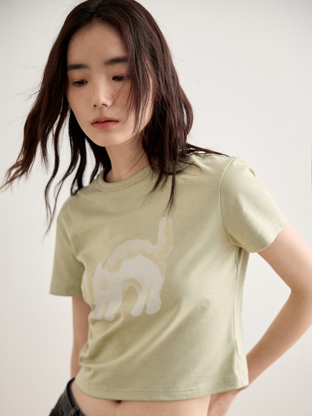 ラウンドネックプリントコットン右肩半袖Tシャツショートカジュアル漫画Tシャツトップス女性用