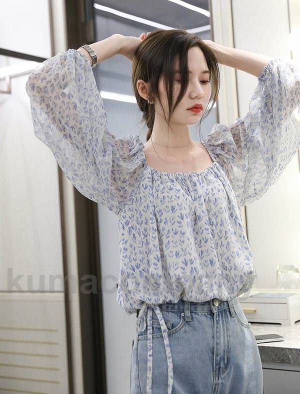 小花柄 シアー ブラウス バルーンスリーブ 花柄 レディース 長袖 シースルー トップス 透け感 大人可愛い おしゃれ 春 秋 春秋 スクエアネック シースルー 総柄 可愛い カジュアル km