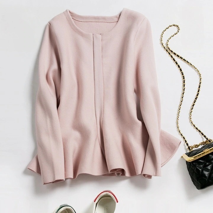 アウター レディース ジャケット ノーカラージャケット S M L XL 韓国 長袖 ラウンドネック フリル Aライン 大人可愛い 綺麗め きれいめ シンプル カジュアル 上品 お洒落 かっこいい