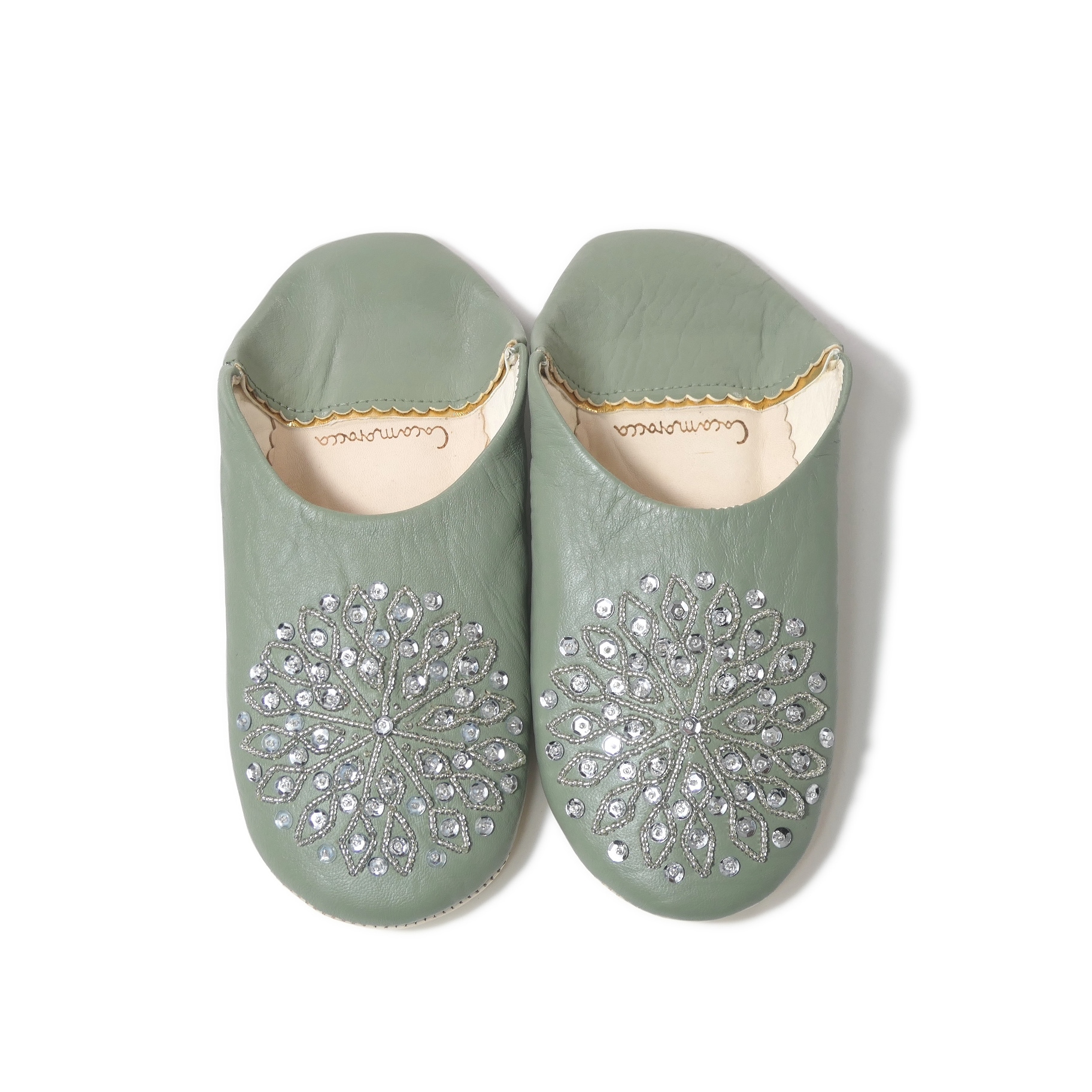 オリーブ （シルバースパンコール）cocomorocco ココモロッコ 本革 ルームシューズ レディース 無臭 レザー バブーシュ スリッパ モロッコ　室内用 来客用 携帯用 プレゼント ギフト