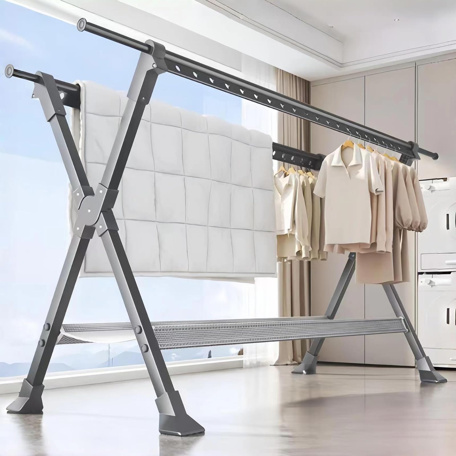 洗濯物干し 伸縮式 布団干し 室内 干しスタンド 屋外 X型 折り畳み 洗濯干し 部屋干し 超耐荷重物 物干し竿 屋外耐風 多機能 物干し ネット付き ステンレス鋼 錆びない-all (1.36-2.