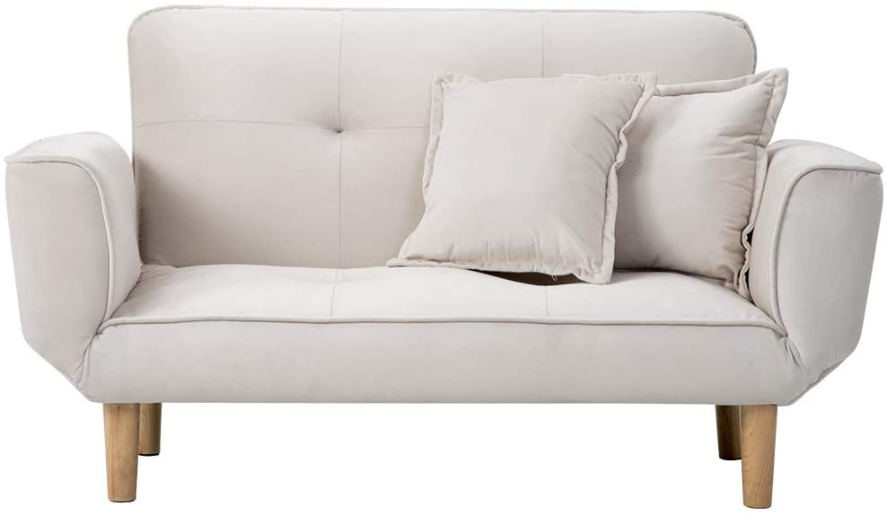 【国内発送 無-送料】592ソファー 2人掛け sofa 抱きまくら2個付き ベージュ ベロア 北欧 背もたれ/アーム5段可動 天然木脚 肘付き コンパクト おしゃれ 新生活 一人暮らし ベルベット
