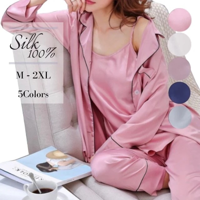 シルク100％ シルクパジャマ レディース 上下3点セットアップ インナー キャミソール ルームウェ