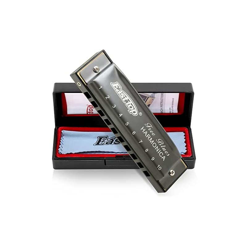 East top ハーモニカ 初心者 ブルースハーモニカ C調 10ホールズハーモニカ 10穴 ステンレスカバー ダイアトニックハーモニカ 清潔布 初心者 専門家 勉強 練習用(T003-grey-C