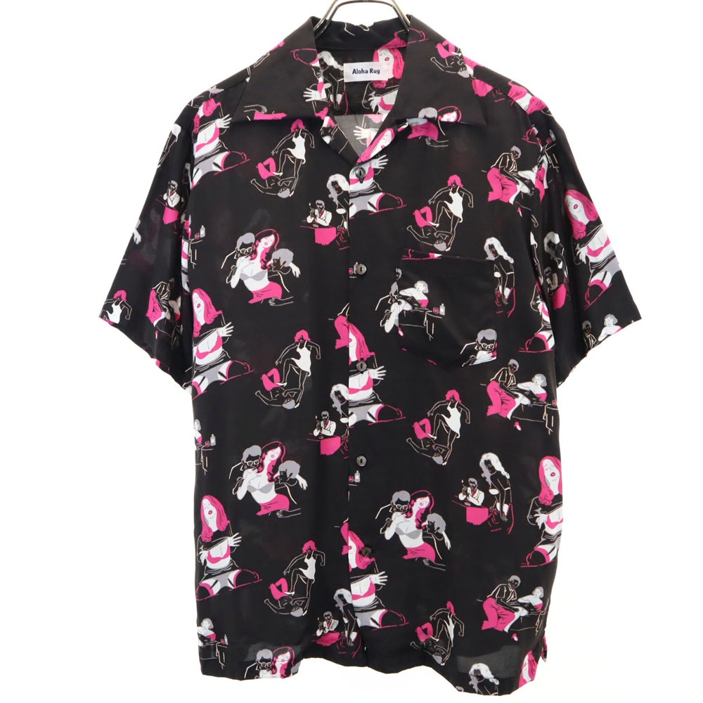 アロハラグ 日本製 総柄 半袖 オープンカラーシャツ M ブラック系 Aloha Rug メンズ