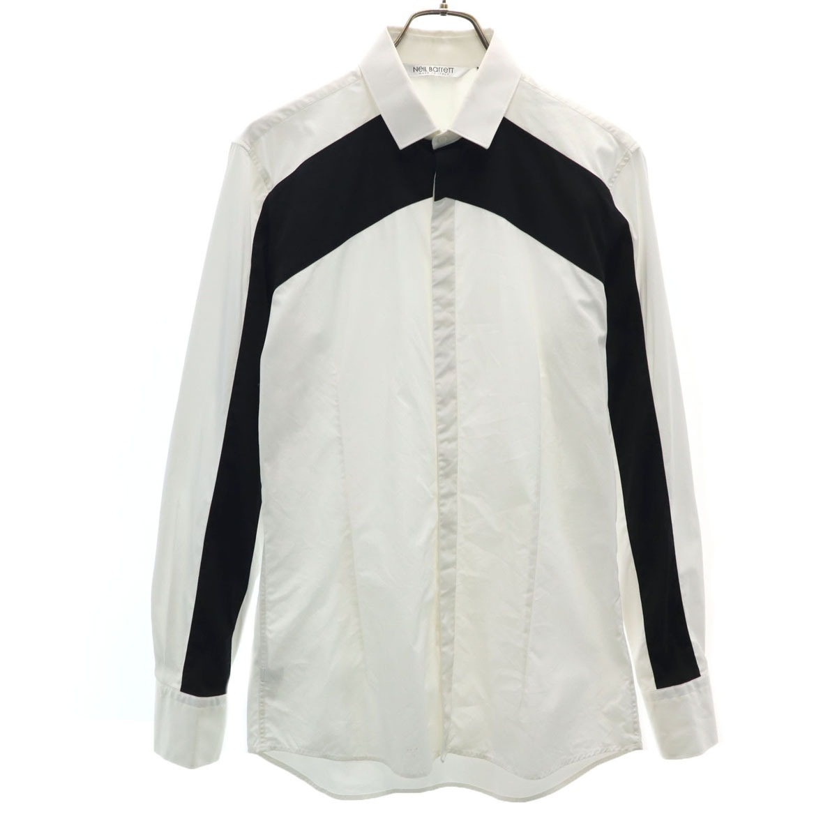 イタリア製 長袖 コーデュロイ切り替え コットンシャツ M ホワイト メンズ 古着