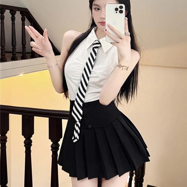 涼しく楽ちんセットアップ制服2つセット夏韓系ノースリーブシャツプリーツスカートスーツ学院風jk制服