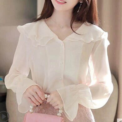 ブラウス　トップス シャツ　襟付き　スタンドカラー 白シャツ　甘め　春　秋 フレア　ワイド　オーバーサイズ　フリル　シフォン　レース 刺繍 エレガント　透け感 フェミニン　韓国　おしゃれ　清楚感　大人