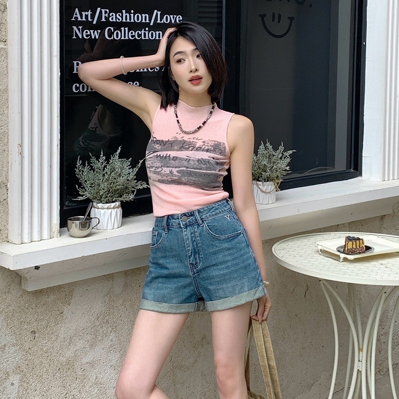 女性用v刺繍デニムショートパンツ2024年夏デザインハイウエストルーズカールショートパンツ 6,173円