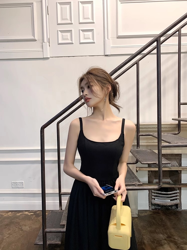 春 夏 ステッチ ドレス 女性 サスペンダー スカート ハイエンド リトル ブラック ドレス 個性的 ワンピース ロング ロング丈 マキシ マキシ丈 袖なし 襟なし きれいめ シンプル カジュアル