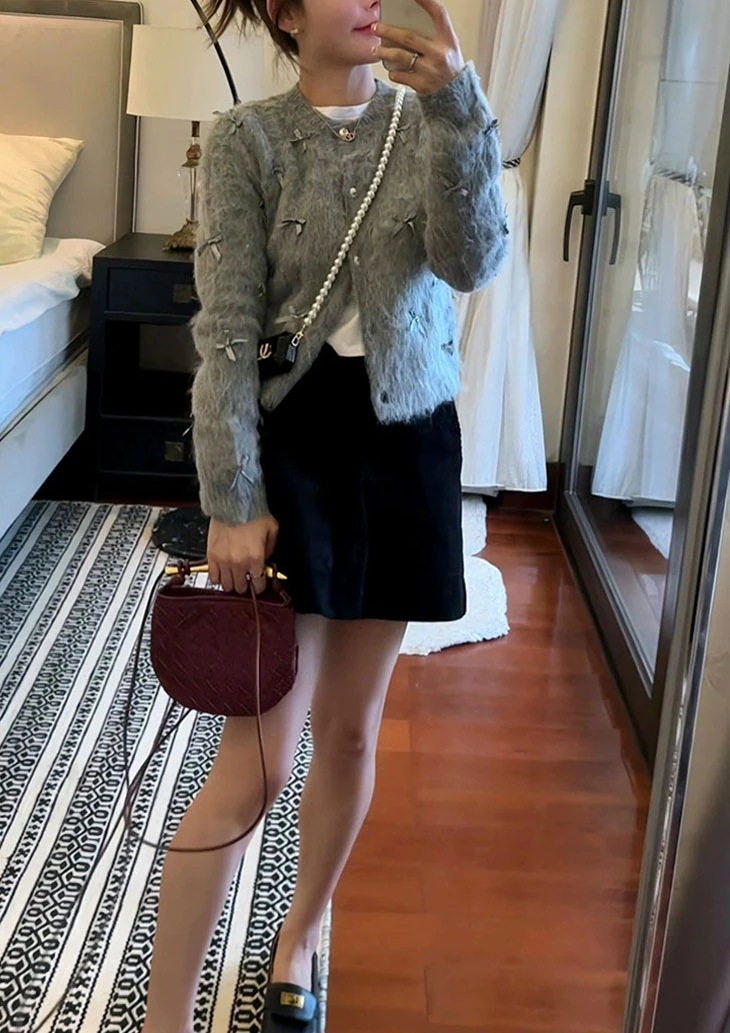 ボア トップス レディース 秋 冬 カーディガン グレー 羽織り ふわふわ リボン きれいめ おしゃれ 可愛い 長袖 韓国ファッション