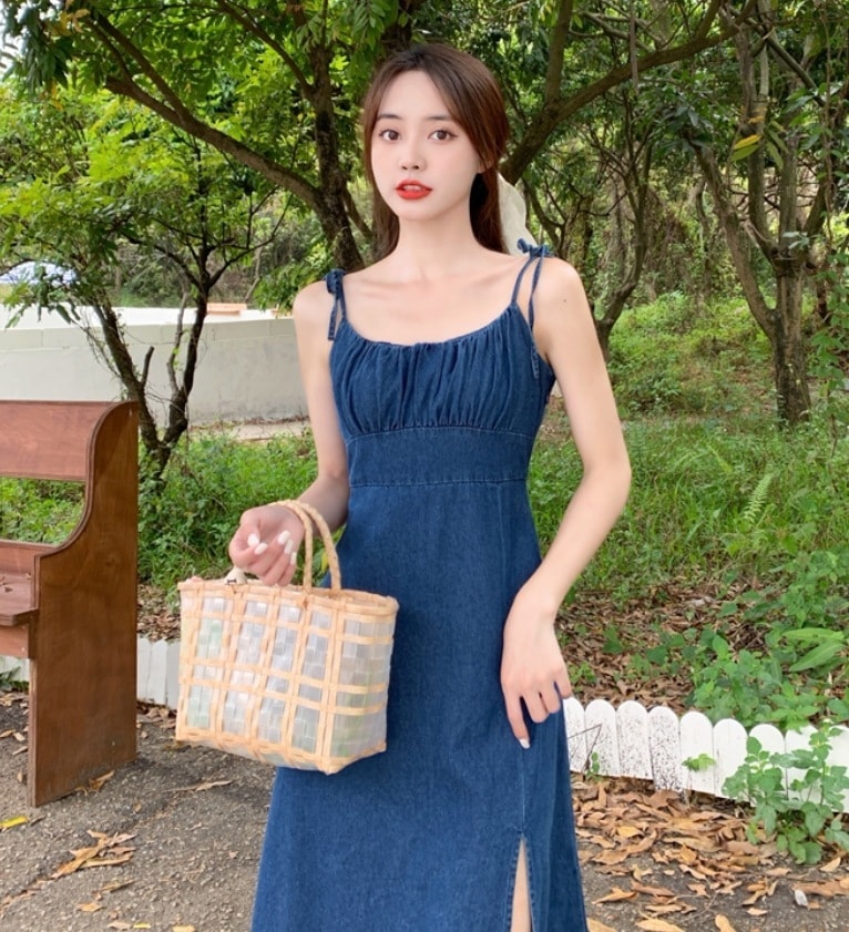 ワンピース モテアイテム インナー デニムワンピース キャミワンピ サイドスリット 綿 デニム コットン 可愛い きれいめ 上品 おしゃれ かっこいい 可愛い ラブリー キュート ガーリー