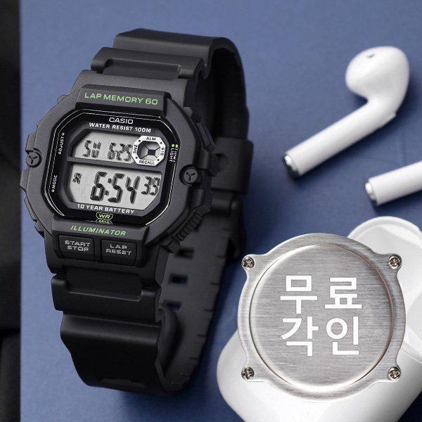 無料刻印 WS-1400H-1A スクエア電子オートカレンダー 60ラップ機能 ランニングスポーツ メンズ ウレタン時計 d