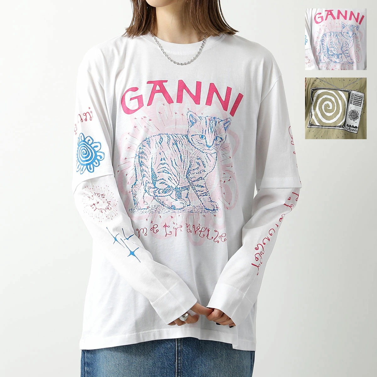GANNI ガニー 長袖 Tシャツ Light Jersey Cat TV Long Sleeve T-shirt T3534 T3595 3578 レディース ロンT ロゴ クルーネック カラー2