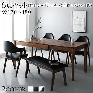 モダンデザイン 天然木伸縮式テーブルダイニングシリーズ [Monoce]モノーチェ 6点セット（テーブル+チェア4脚+ベンチ1脚） [チェア色]ホワイト4脚 [ベンチ色]ホワイト