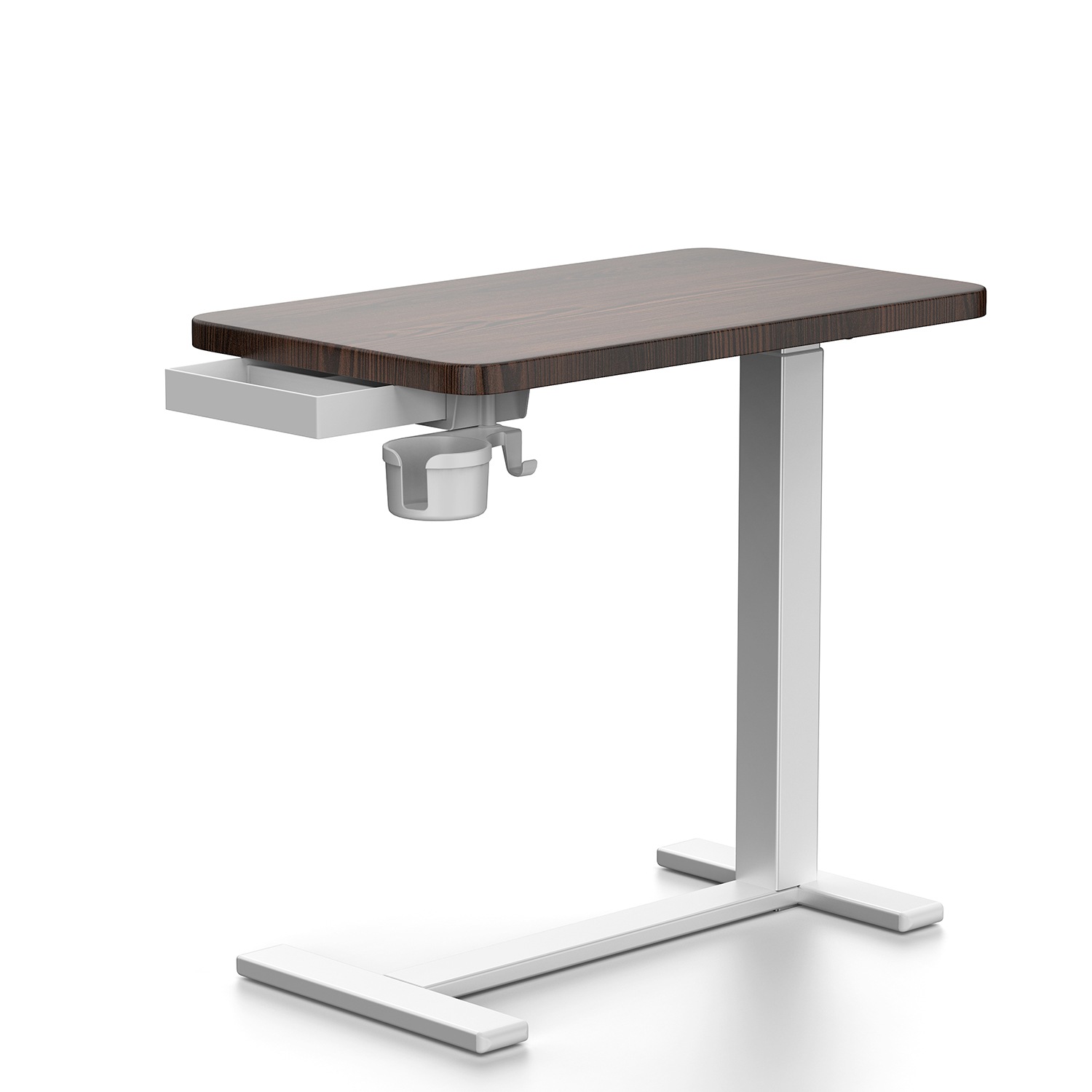 【国内発送】1562サイドテーブル昇降式 ガス圧昇降ベッドテーブル PCテーブル 介護テーブル 引き出し付き カップホルダー付き キャスター付き 64～102cm高さ調整可能 高さ無段階調節 耐荷重3