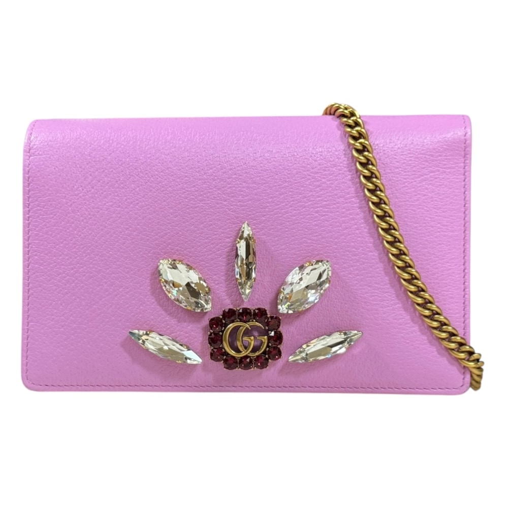 グッチ クリスタルビジュー GGマーモント ショルダーバッグ レザー 499782 ピンク GUCCI 中古 46,200円