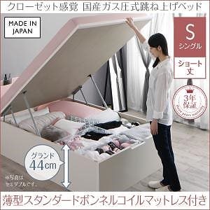 クローゼット跳ね上げベッド [エマーブル] [薄型スタンダードボンネルコイルマットレス付き] 縦開き シングル ショート丈 深さグランド [フレーム色]ホワイト [マットレス色]ホワイト