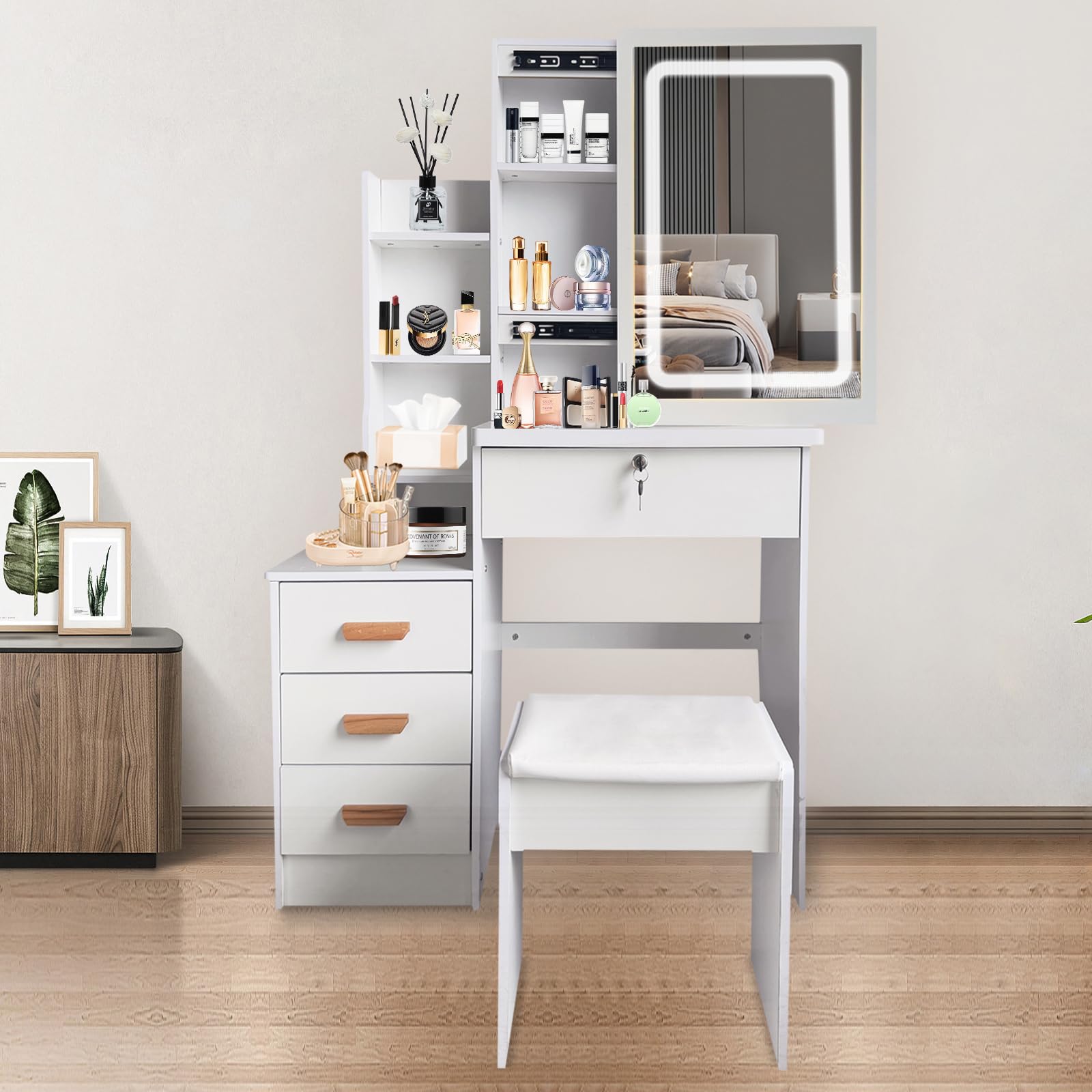 ホワイトドレッサー ミラー付き 引き出し3つ 化粧台 ホワイト化粧台、3