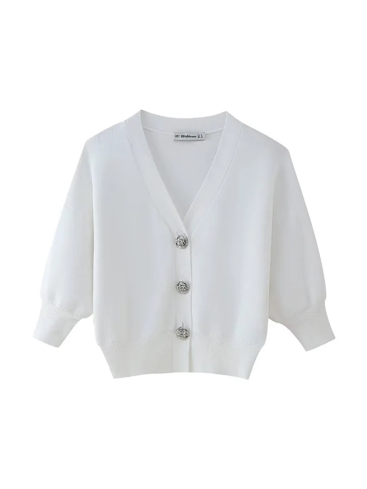 女性用半袖Vネックニットセーター,無地シャツ,ショートトップ,カジュアルカーディガン,夏服,2021 - 200000345
