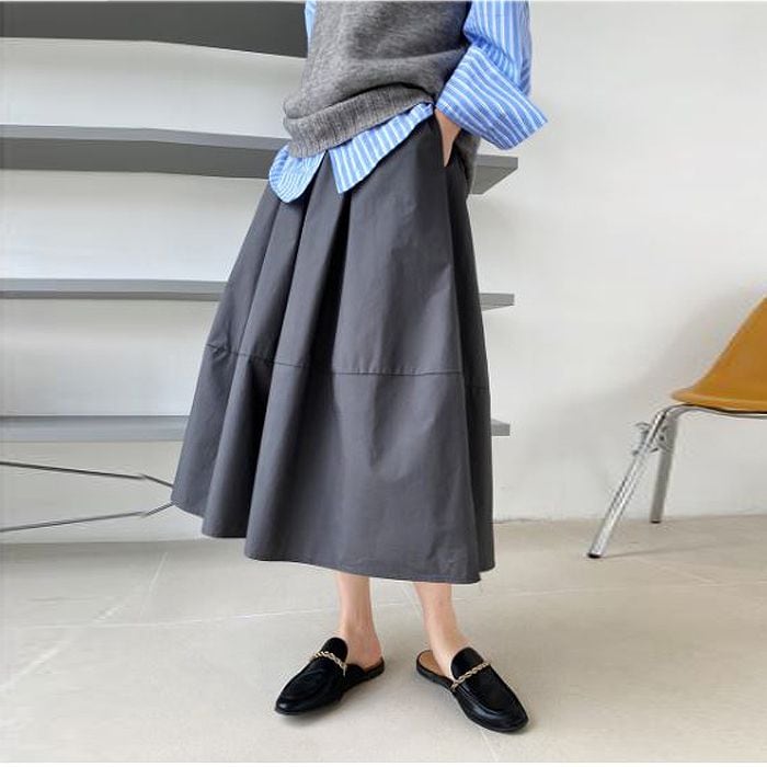 高品質大割引コットンスカート　ミモレ丈　ボリュームスカート　ひざ下丈　グレー　ウエストゴム　sk-2501-9