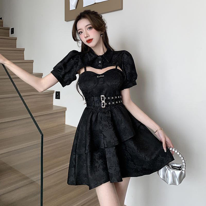 韓国ファッション フレンチ ワンピース夏 ドレス 半袖 ウエスト引き締め キャミソールワンピース30%までに制限