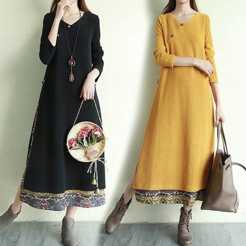 ワンピースエスニック風ワンピースワンピロングワンピレディース長袖重ね着風作りボタンフ