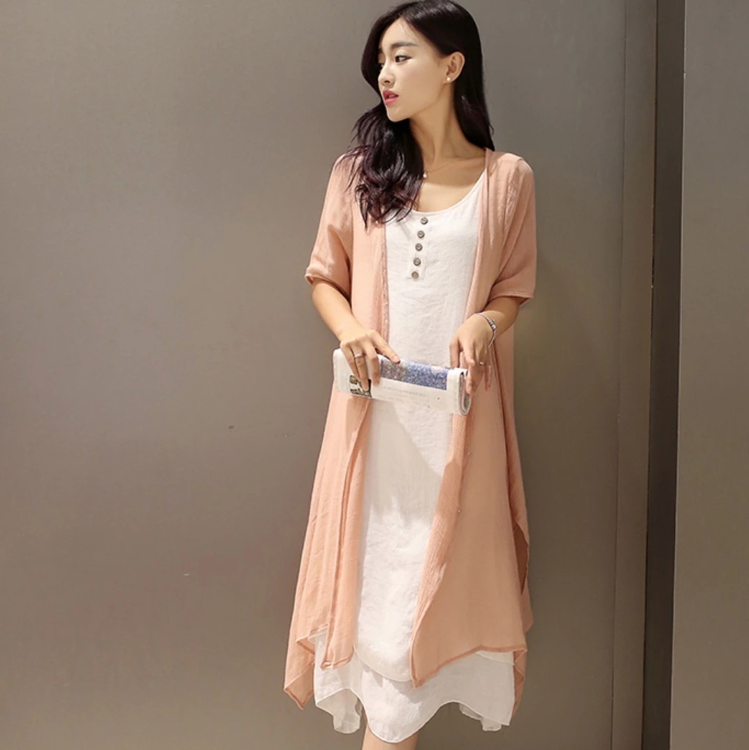 ワンピース カーディガン ロング ロング丈 袖あり かわいい 大人可愛い きれいめ シンプル セット カーディガン 薄手 春夏 半袖 ラウンドネック 羽織 グリーン ピンク 韓国 モテ コーデ F