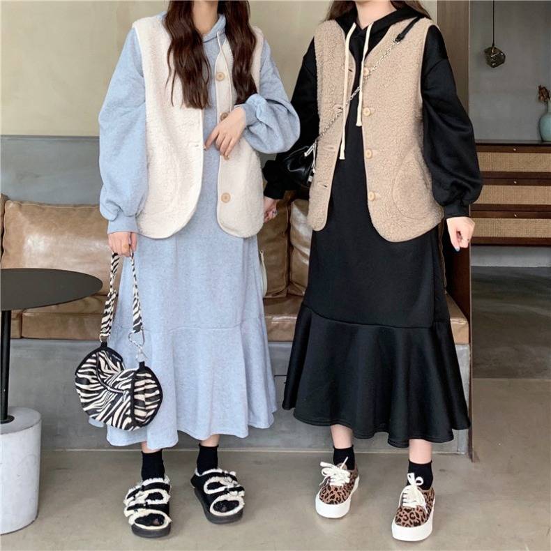 ワンピース レディース パーカー ファーベスト セットアップ フレア ロング丈 バルーン袖 ブラック グレー 切り替え デザイン 体形カバー 双子コーデ シンプル カジュアル 女子会 かわいい