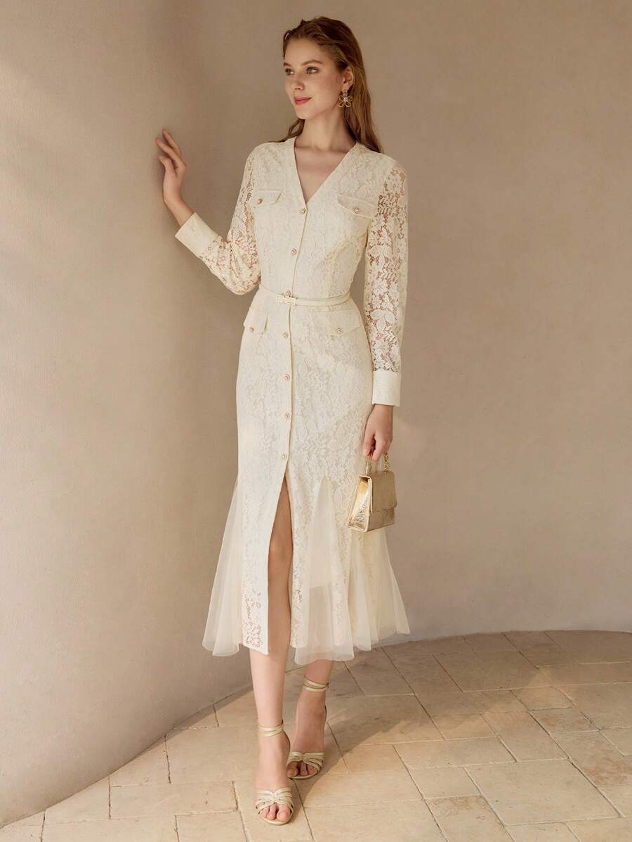 女性用Vネック レースメッシュ ロングスリーブドレス