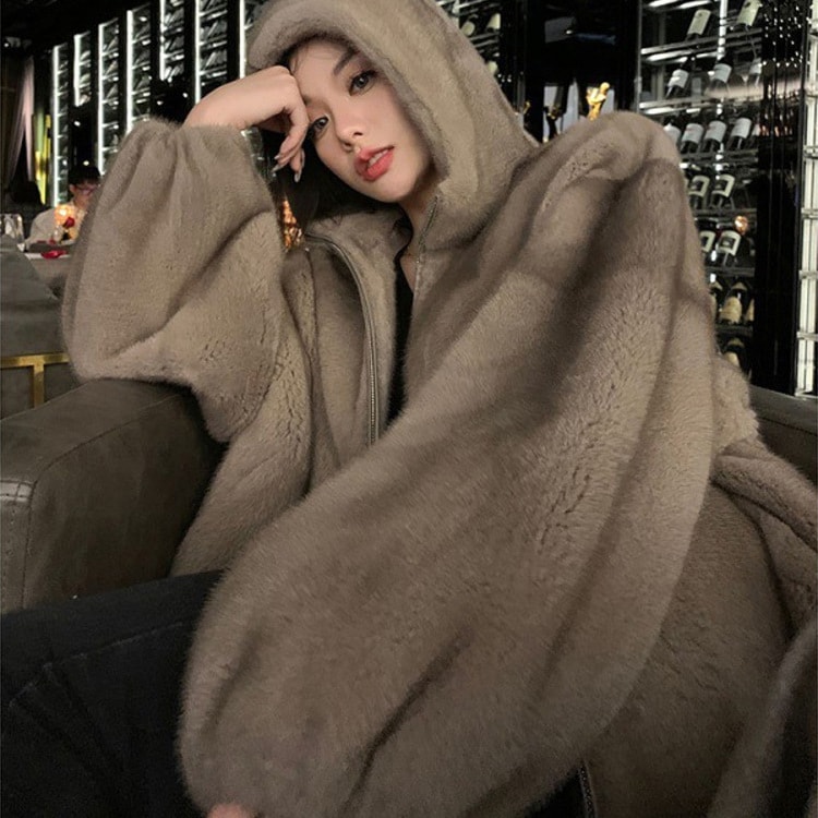新しいミンクコート女性のための環境に優しい毛皮のコートファッショナブルなフード付きルーズカジュアル怠惰なスタイルの婦人服