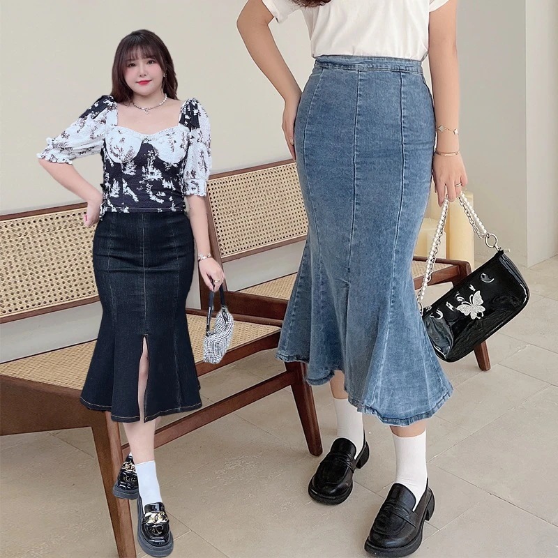 大きいサイズ デニムスカート レディース ファットmm200斤 ストレッチデニム ハイウエスト レトロスプリット マーメイドスカート N8313 母の日 母の日-0008968