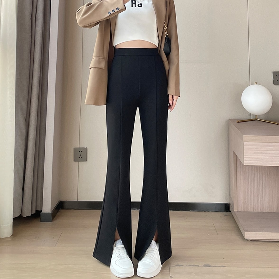 ボトムス パンツ センターラインパンツ センタースリットパンツ レディース フロントスリットストレートパンツ センターらーんスリットパンツ 無地パンツ ストレートパンツ センターライン スリット