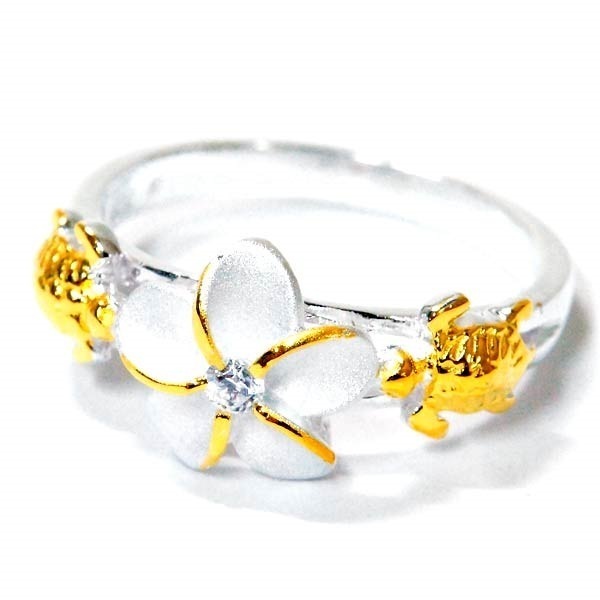 ハワイアンジュエリー リング プルメリア 花 ホヌ ウミガメ 立体 クリアジルコニア イエローゴールド ペアカラー レディース シルバー925