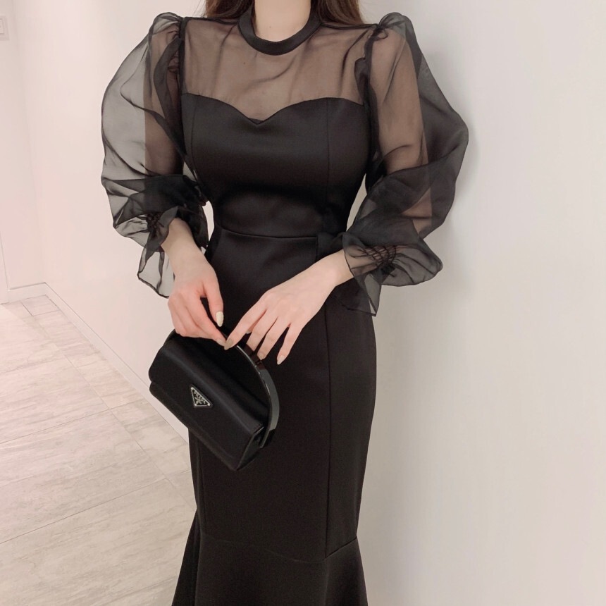 ドレス 衣装 ミディアム丈ドレス カクテルドレス 長袖 ラウンドネック パフスリーブ マーメードドレス ボリューム袖 シースルー 胸元 ステージドレス 発表会 コスプレ タイトドレス かわいい