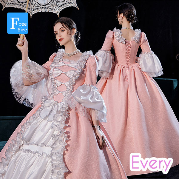 ドレス レディース ロングドレス 貴族ドレス 中世ヨーロッパ お姫様 プリンセスドレス カラードレス長袖 フリル アンブレラスリーブ 華やか リボン ボリューム ゴージャス ステージ衣装 貴婦人 オペ