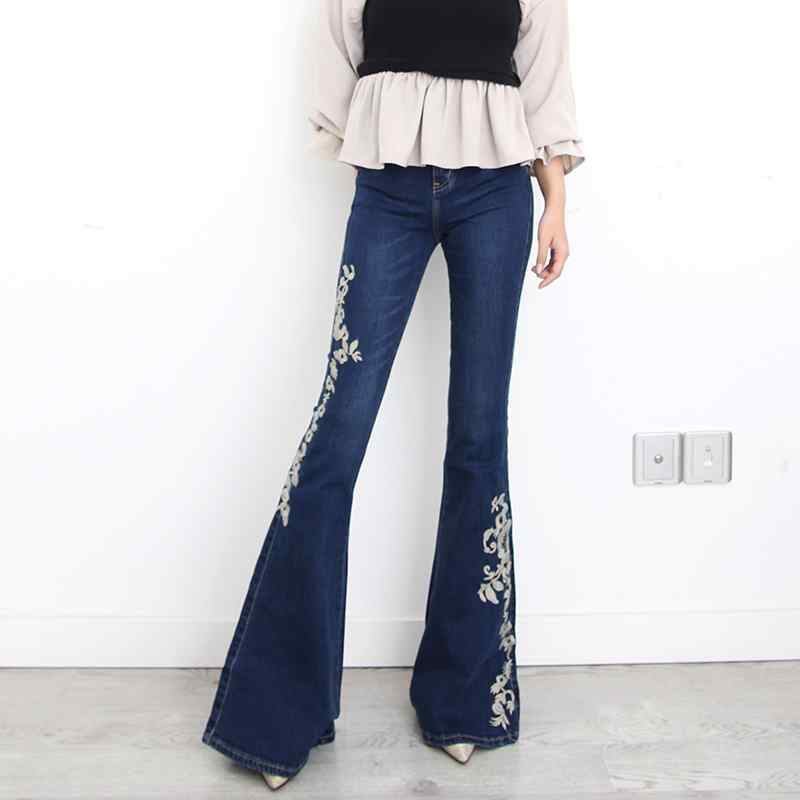 デニムパンツ レディース ジーンズ おしゃれ カジュアル フレア 春秋 伸縮性 刺繍 ハイウエスト ブルー