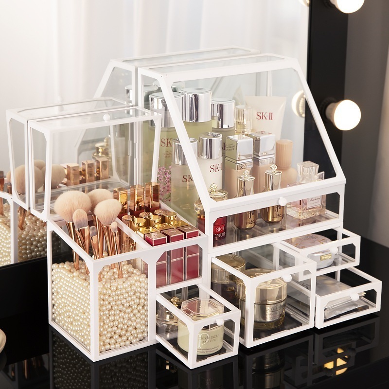 3点セット 化粧品収納ボックス防塵用大容量デスクトップ化粧台口紅スキンケア用品ブラシ収納棚