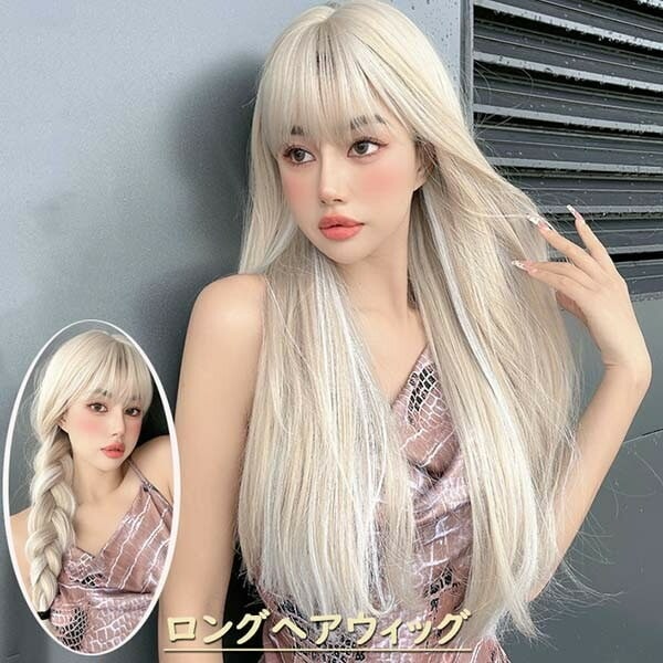 ウィッグ フルウィッグ ロングウィッグ 原宿風 自然 グラデーション メッシュ かつら ぱっつん 前髪 ホワイト コスプレ 可愛い かわいい ロング 耐熱ウィッグ コスチューム 仮装 大人用 文化祭