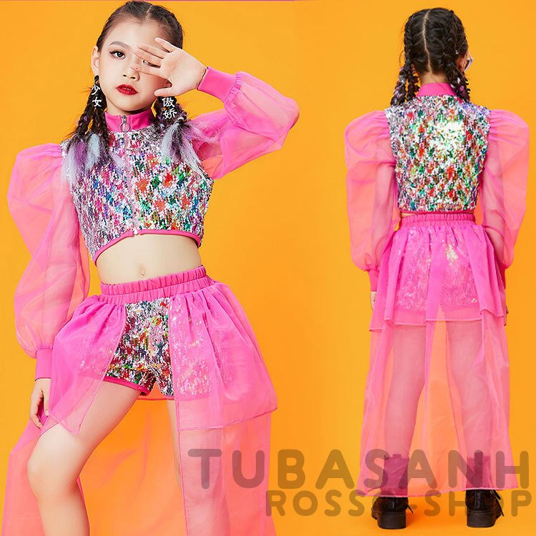キッズダンス衣装 可愛い ピンク スパンコール スーツ ジャズダンス チアガール ヒップホップ へそ