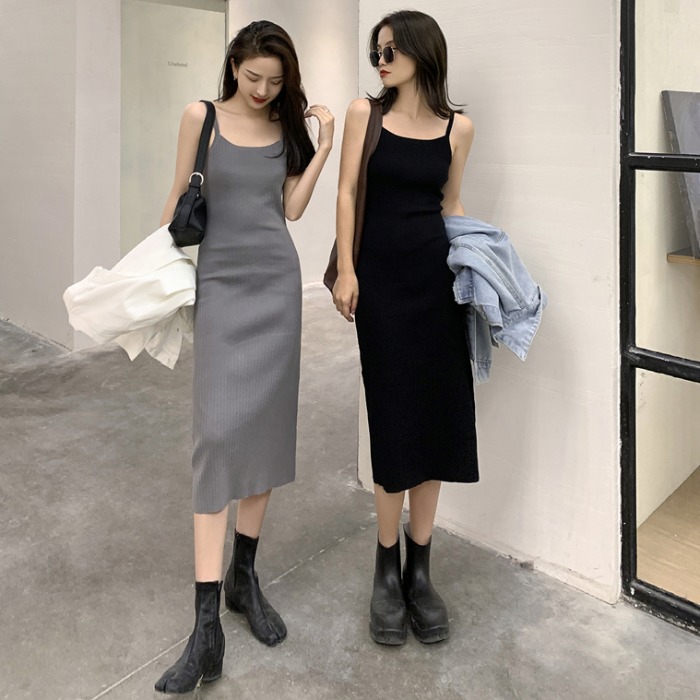 スウィートクールスタイルオールマッチノースリーブニットスリングドレス女性夏新作ウエストフレンチファッションミドル丈スカート シフォンワンピ 再入荷 Www Quartzhotel Mx