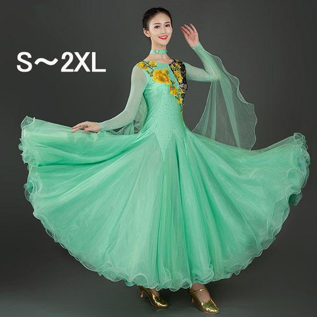 社交ダンスドレス ダンス衣装 社交ダンス ドレス 長袖 袖あり 衣装 緑 ダンスドレス ラウンドネック 刺繍 スタンダードドレス 競技ダンス 5,503円
