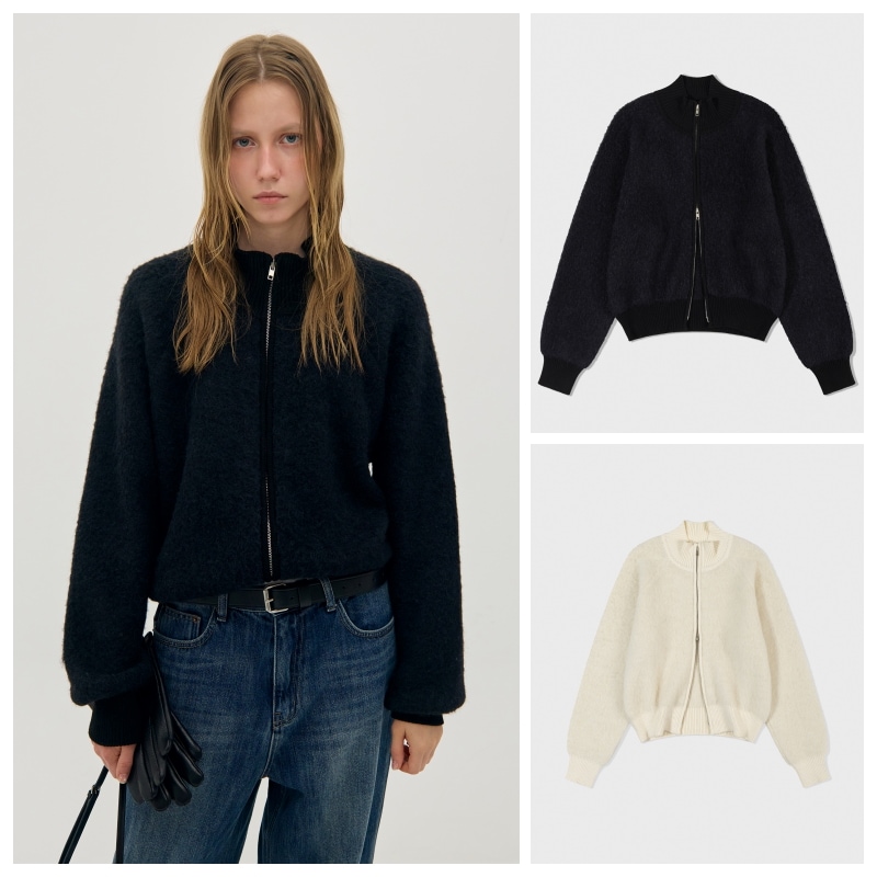 【LOW CLASSIC】 ALPACA MOCK NECK ZIP-UP CARDIGAN : 2COLORS